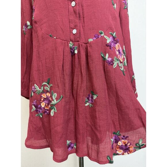 Figueroa & Flower Anthropologie Top Tunic Sz L Womens Maroon Boho Blouse Peasant - Picture 3 of 15